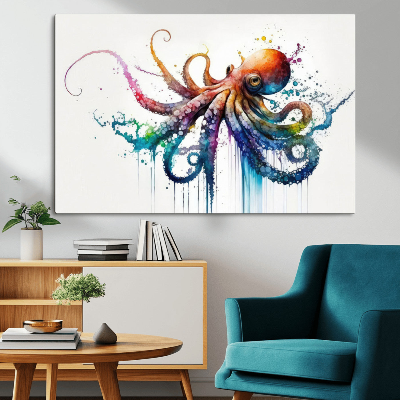 MGV-CV-36X24 - Watercolor Vibrant Octopus Wall Art Canvas Print | Abstract Sea Life Art | Colorful Marine Creature