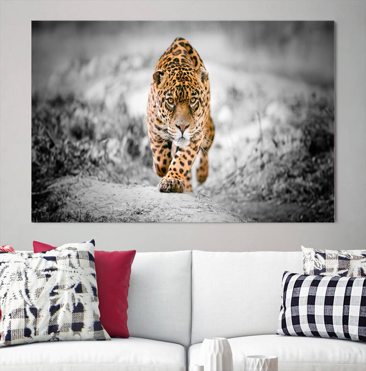 A striking three-panel "Jaguar Stalking Wall Art Canvas Print - Majestic Big Cat in Focused Pursuit" features a leopard walking forward, set against a black and white background.