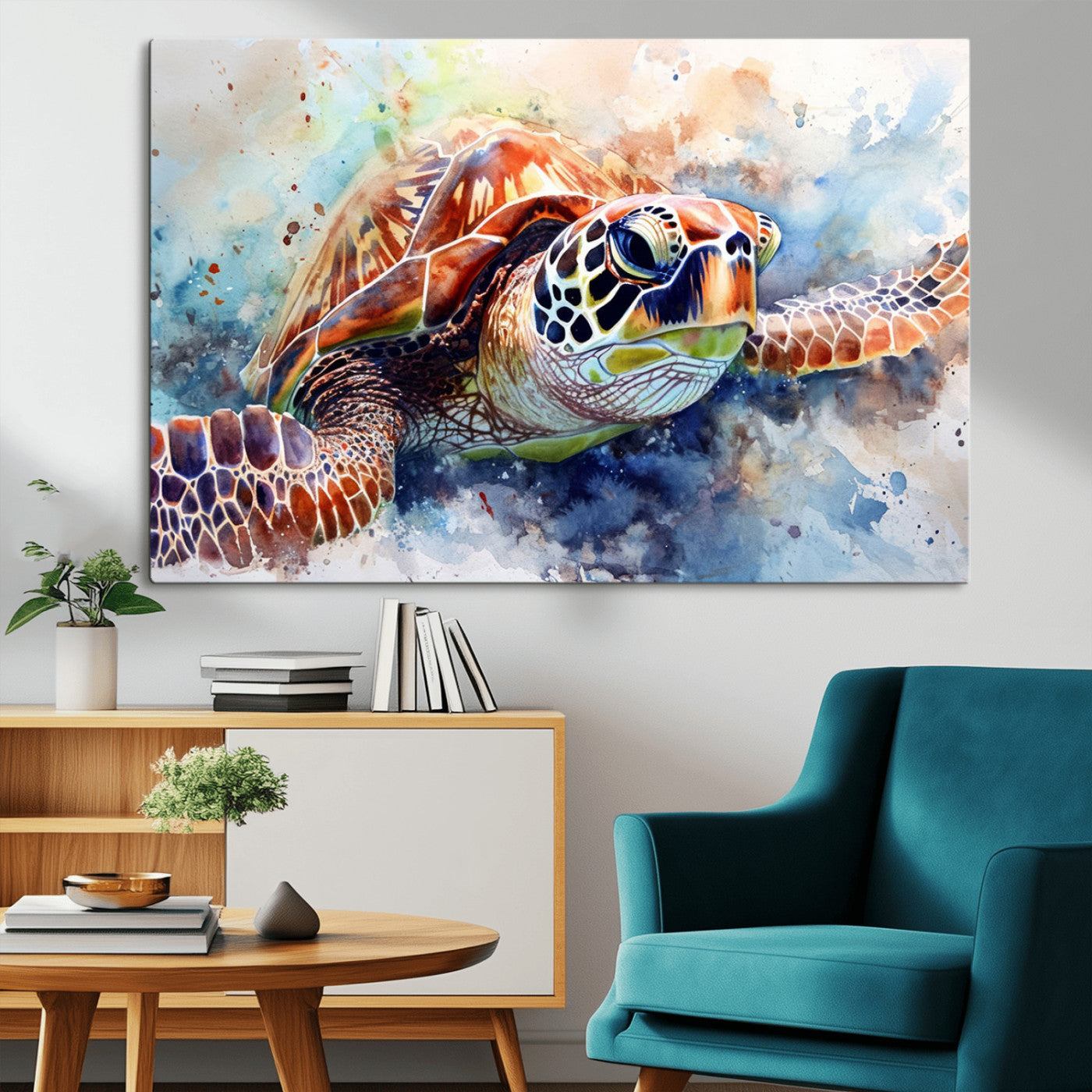 MGV-CV-36X24 - Watercolor Sea Turtle Wall Art Canvas Print - Vibrant Ocean Colors in Watercolor Style - Ready to
