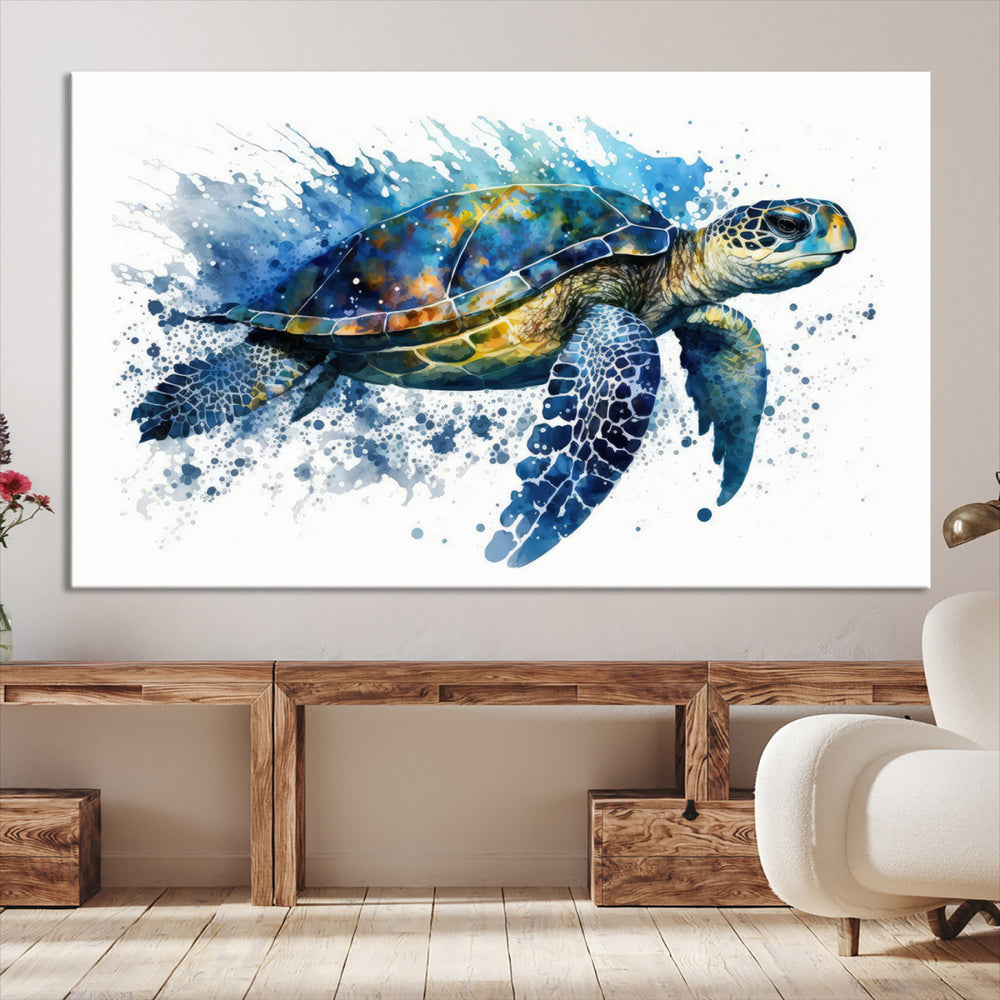 A living room features an eco-friendly inks sea turtle art print from [Keyword] Canvas Wall Art.