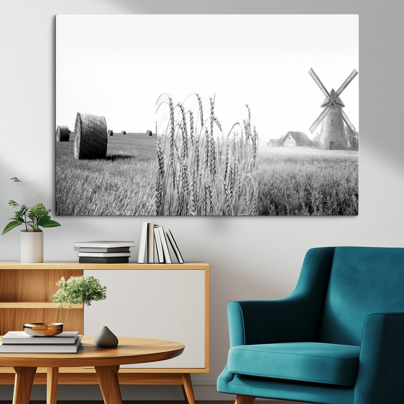 MGV-CV-36X24 - Vintage Farmhouse Black and White Triptych Wall Art – Giclee Canvas Featuring Wheat Fields, Hay