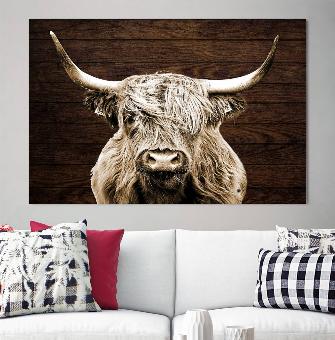 Highland Cow Wall Art Canvas Print, Rustic Farmhouse Decor, Majestic Scottish Highland Bull Portrait for Living Room – Ready to Hang