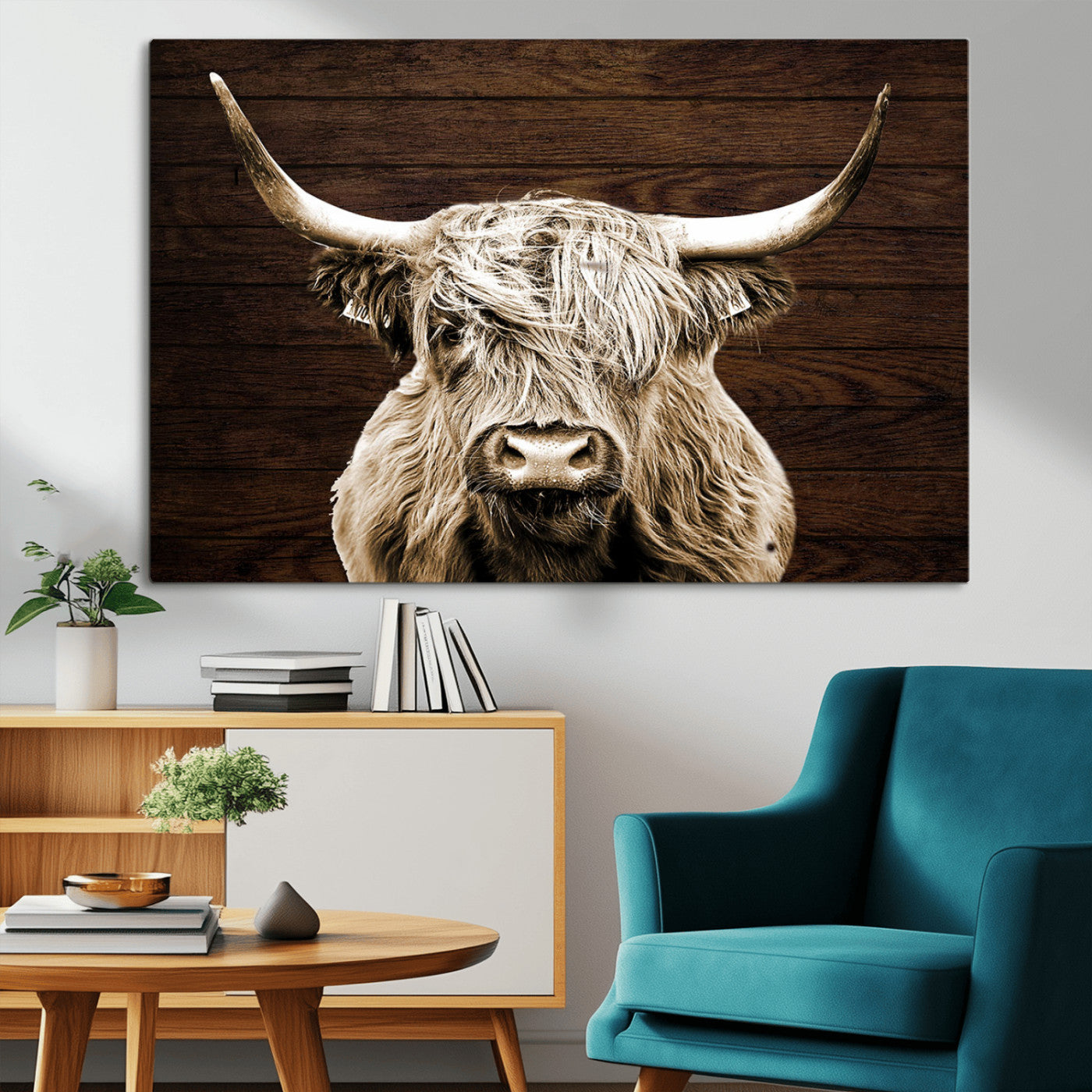 MGV-CV-36X24 - Highland Cow Wall Art Canvas Print, Rustic Farmhouse Decor, Majestic Scottish Highland Bull Portrait
