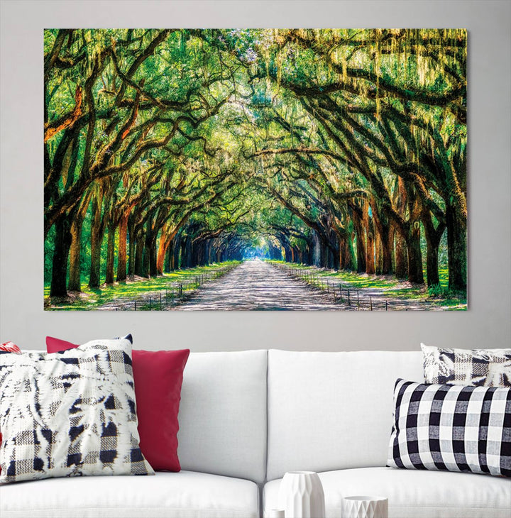 Serene Tree Tunnel Wall Art Canvas Print – Pathway Under Canopy of Lush Green Trees, Nature-Inspired Decor for Living Room – Ready to Hang