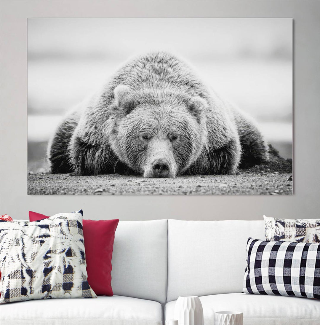 Resting Bear Wall Art Canvas Print – Majestic Lazy Black and White Wildlife Bear Art, Perfect for Nature-Inspired Home Decor – Ready to Hang