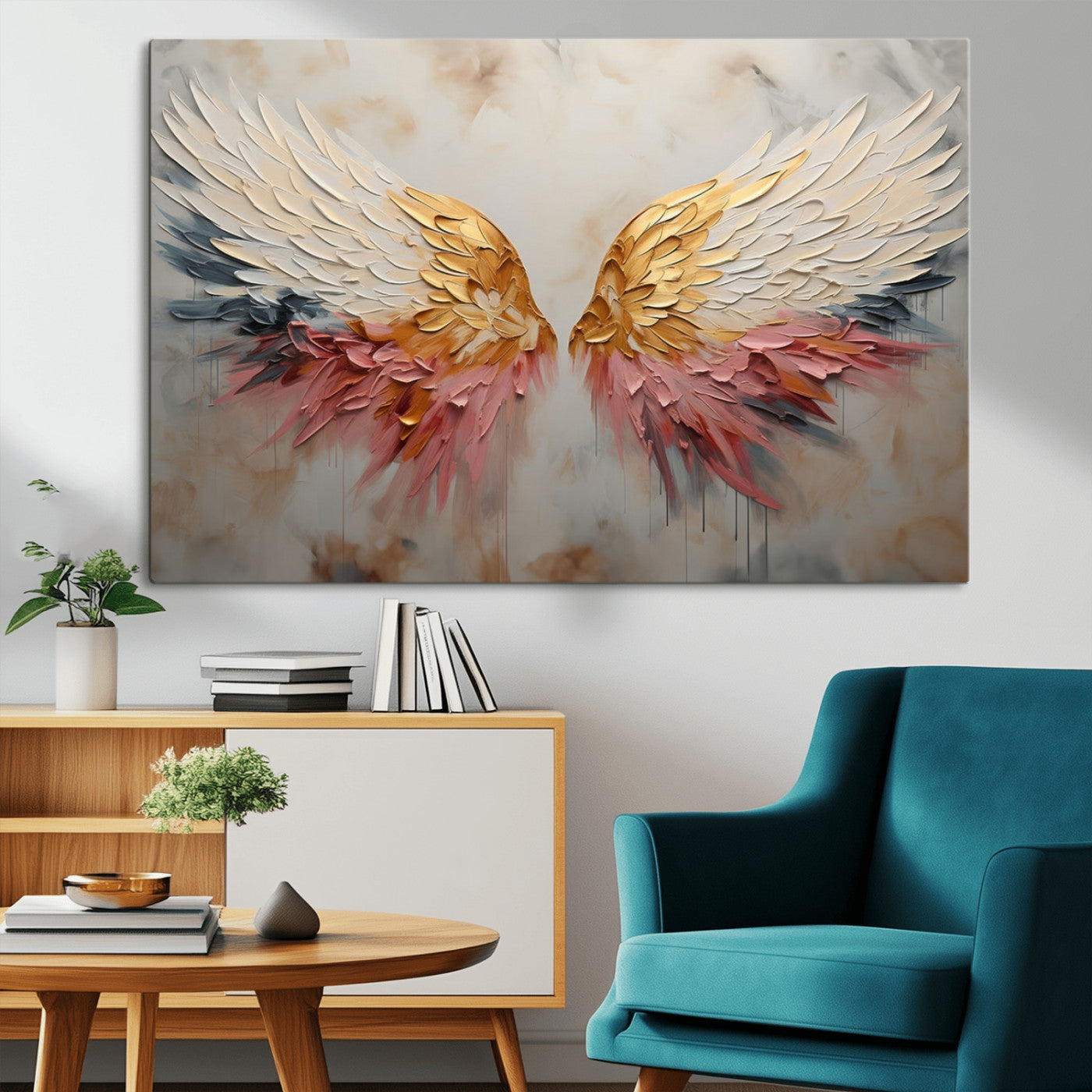 MGV-CV-36X24 - Golden Angel Wings Wall Art Canvas Print – Stunning Abstract Winged Art for Elegant Home Decor –