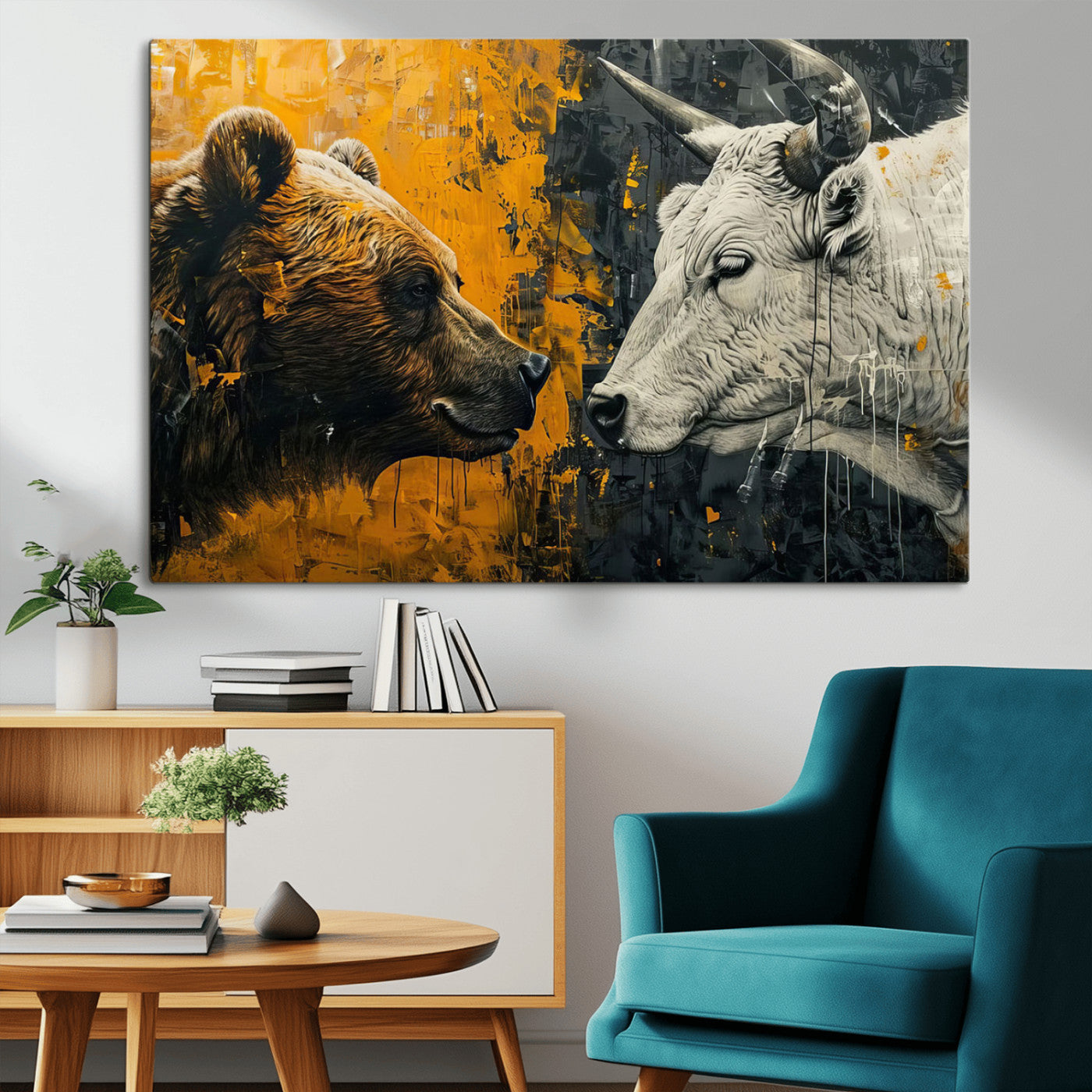 MGV-CV-36X24 - Bear and Bull Wall Art Canvas Print – Abstract Animal Portrait Painting for Modern Home Decor –