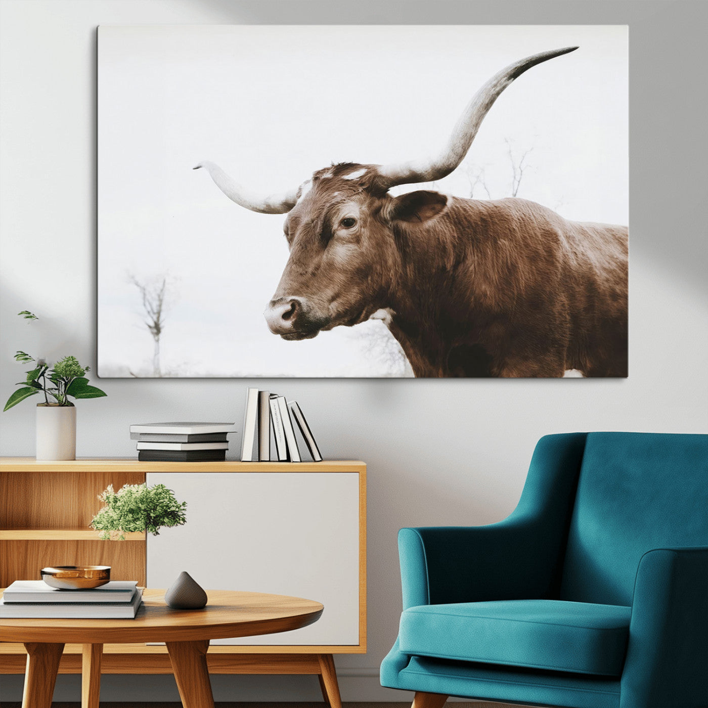 MGV-CV-36X24 - Rustic Bull Wall Art Canvas Print – Modern Longhorn Farmhouse Animal Decor – Abstract Farm Cow