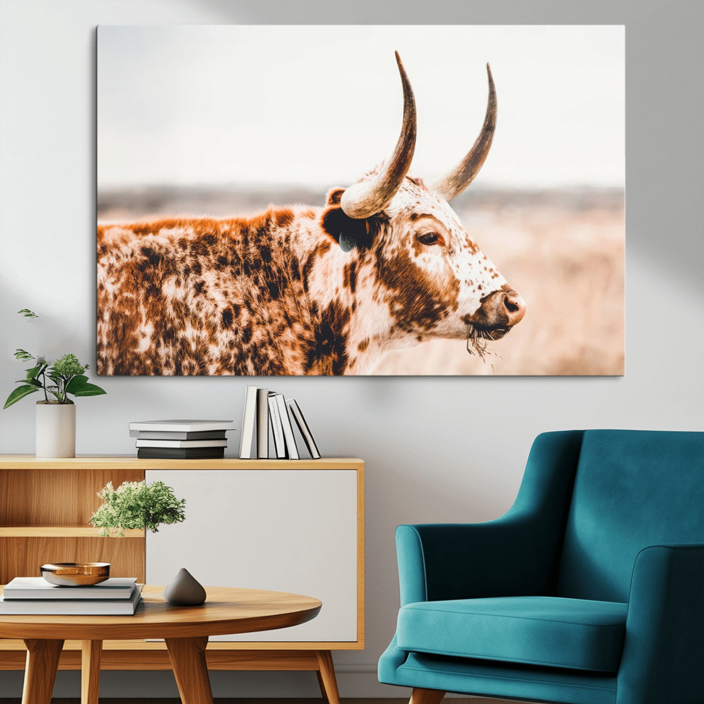 -Speckled Bull Wall Art Canvas Print – Rustic Cow Longhorn Farmhouse Animal Decor – Western Longhorn