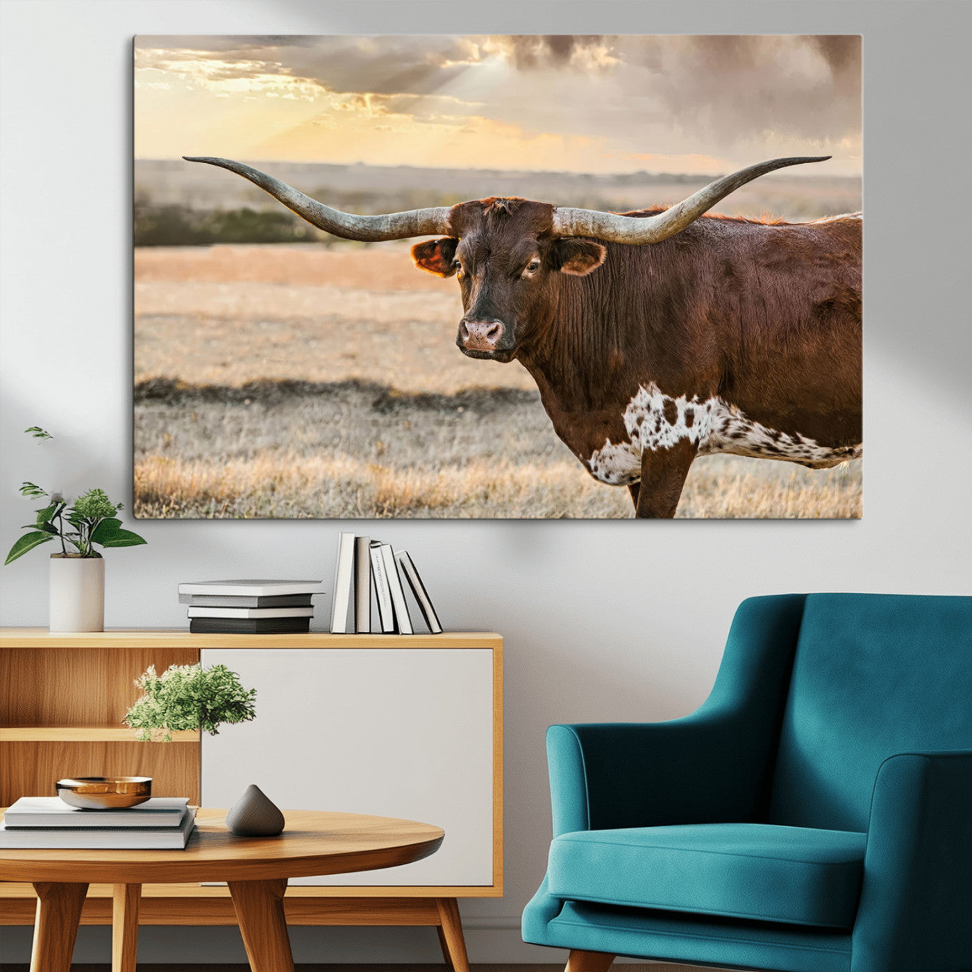 MGV-CV-36X24 - Texas Longhorn Wall Art Canvas Print, Rustic Ranch Decor, Majestic Western Longhorn Cattle
