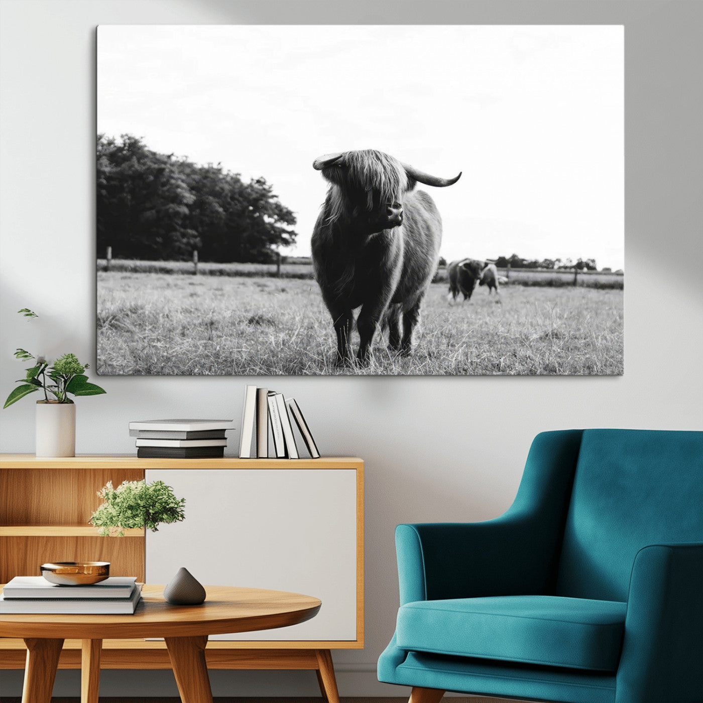 MGV-CV-36X24 - Black and White Highland Cow Wall Art Canvas Print | Rustic Western Decor for Living Room or Office,
