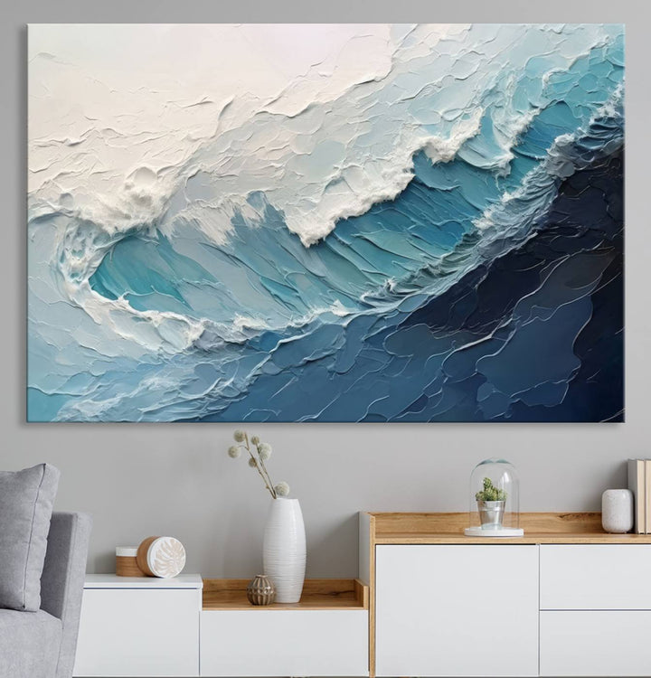 The Blue Abstract Wave Ocean Wall Art Canvas Print hangs prominently.