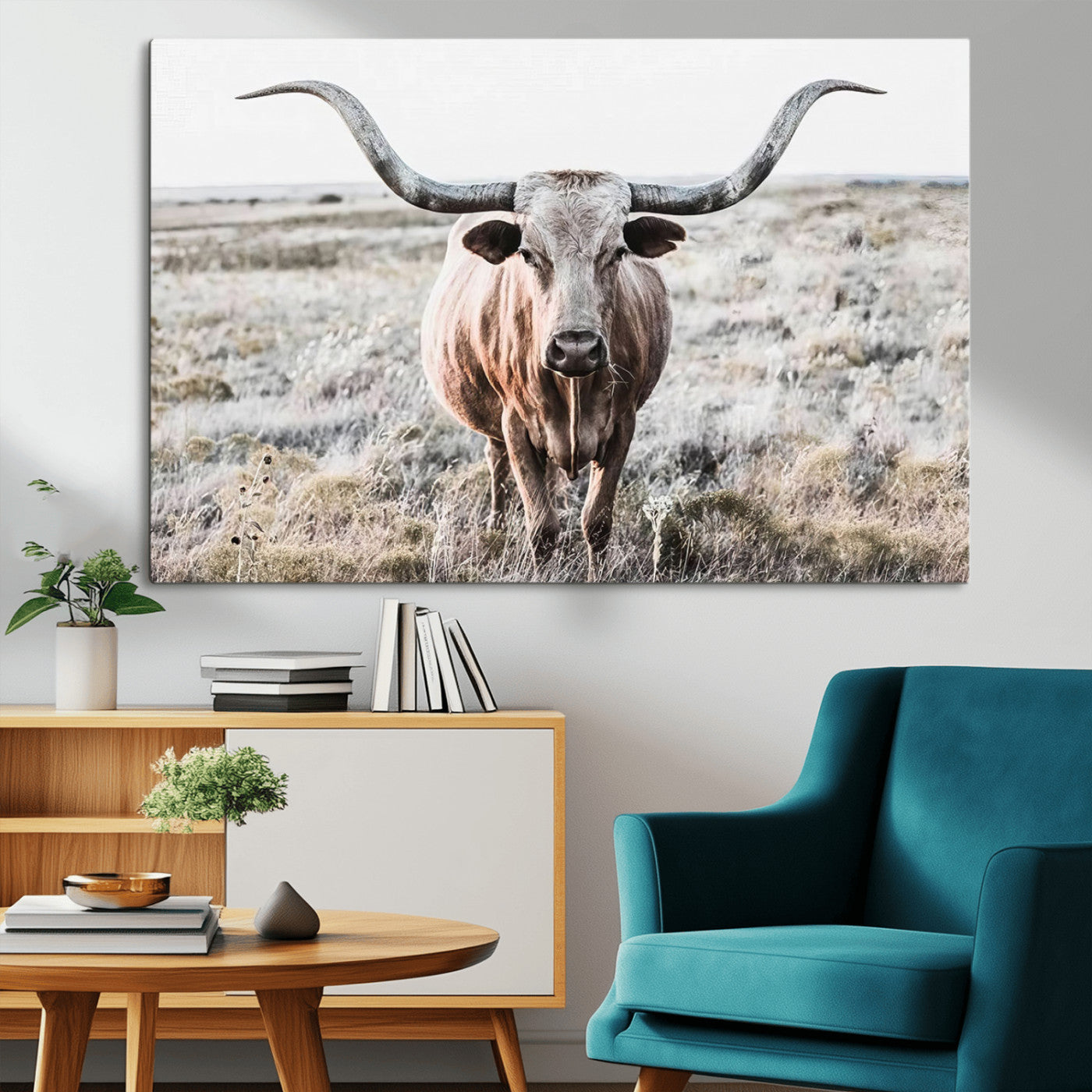 -Rustic Texas Longhorn Wall Art Canvas Print | Western Farmhouse Decor for Living Room or Office,
