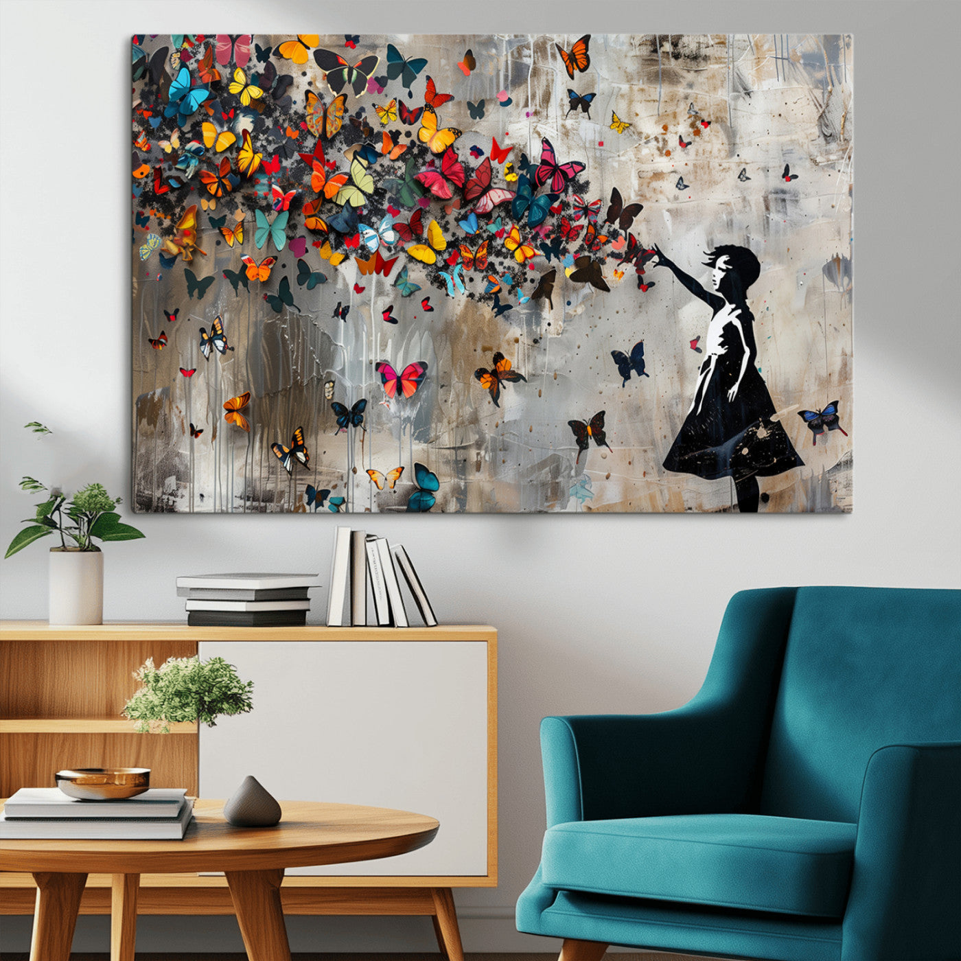 MGV-CV-36X24 - Banksy Wall Art - Banksy Girl and Butterfly Explosion Wall Art Canvas Print | Girl with Butterflies
