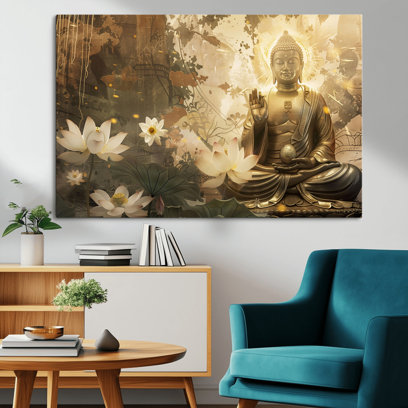 MGV-CV-36X24 - Zen Buddha Wall Art Canvas Print | Peaceful Meditation Decor with Lotus Flowers | Spiritual Serenity