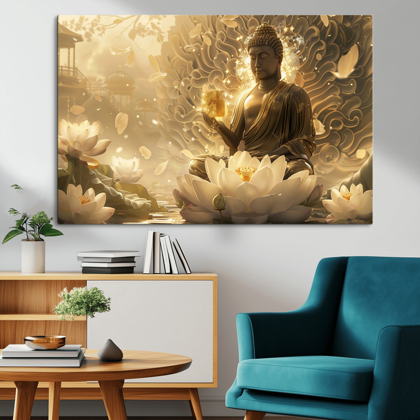 MGV-CV-36X24 - Golden Buddha Wall Art | Yoga Room Decor and Meditation Room Wall Art | Framed and Ready to Hang