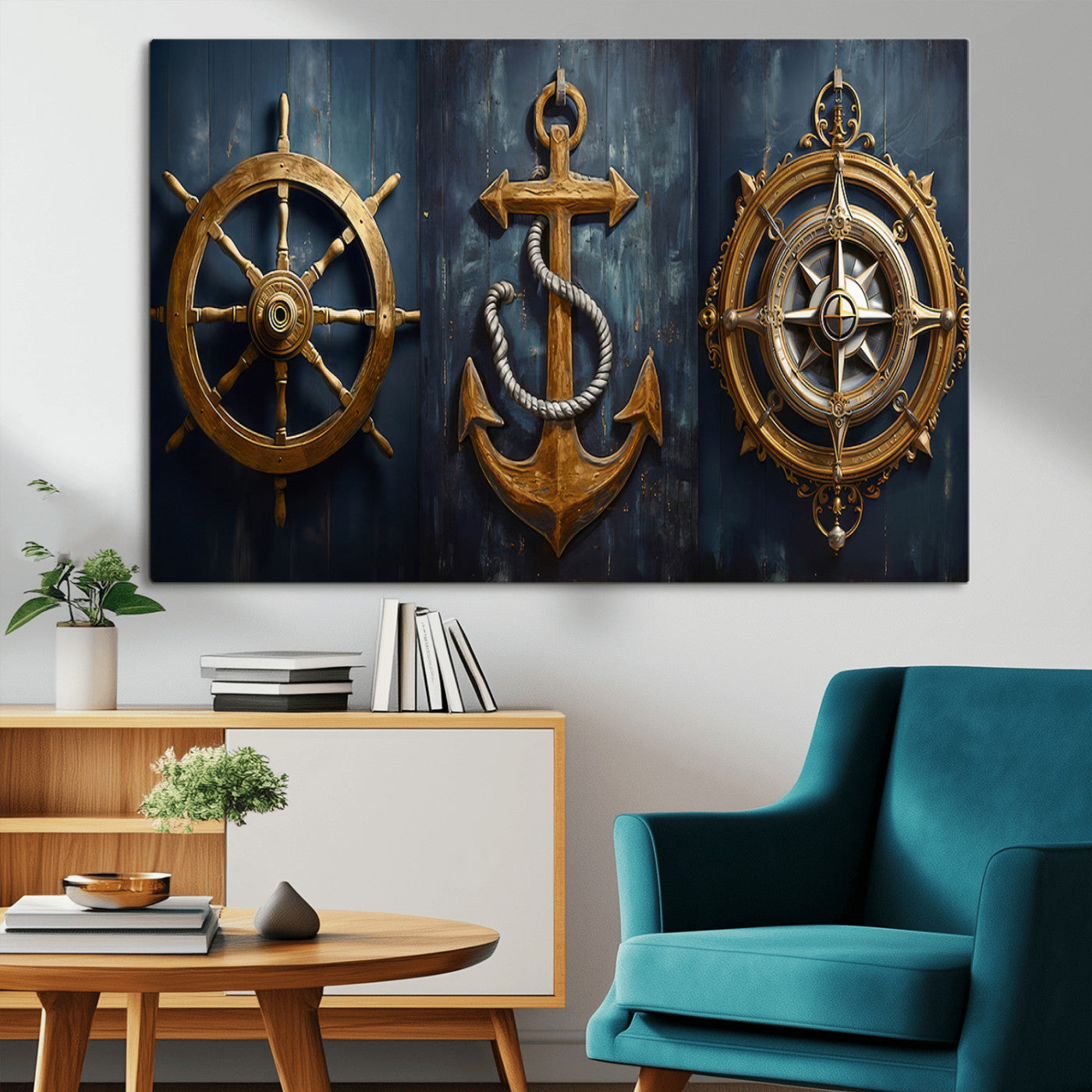 MGV-CV-36X24 - Boat Anchor Compass With Rope Wall Art Canvas Print | Beach House Wall Art