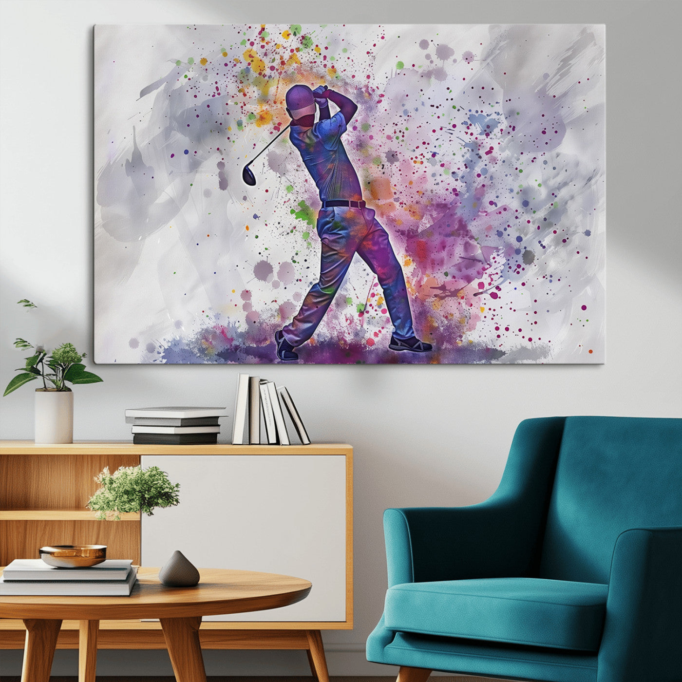 MGV-CV-36X24 - Watercolor Golf Swing Wall Art Canvas Print | Vibrant Abstract Golf Player Silhouette |