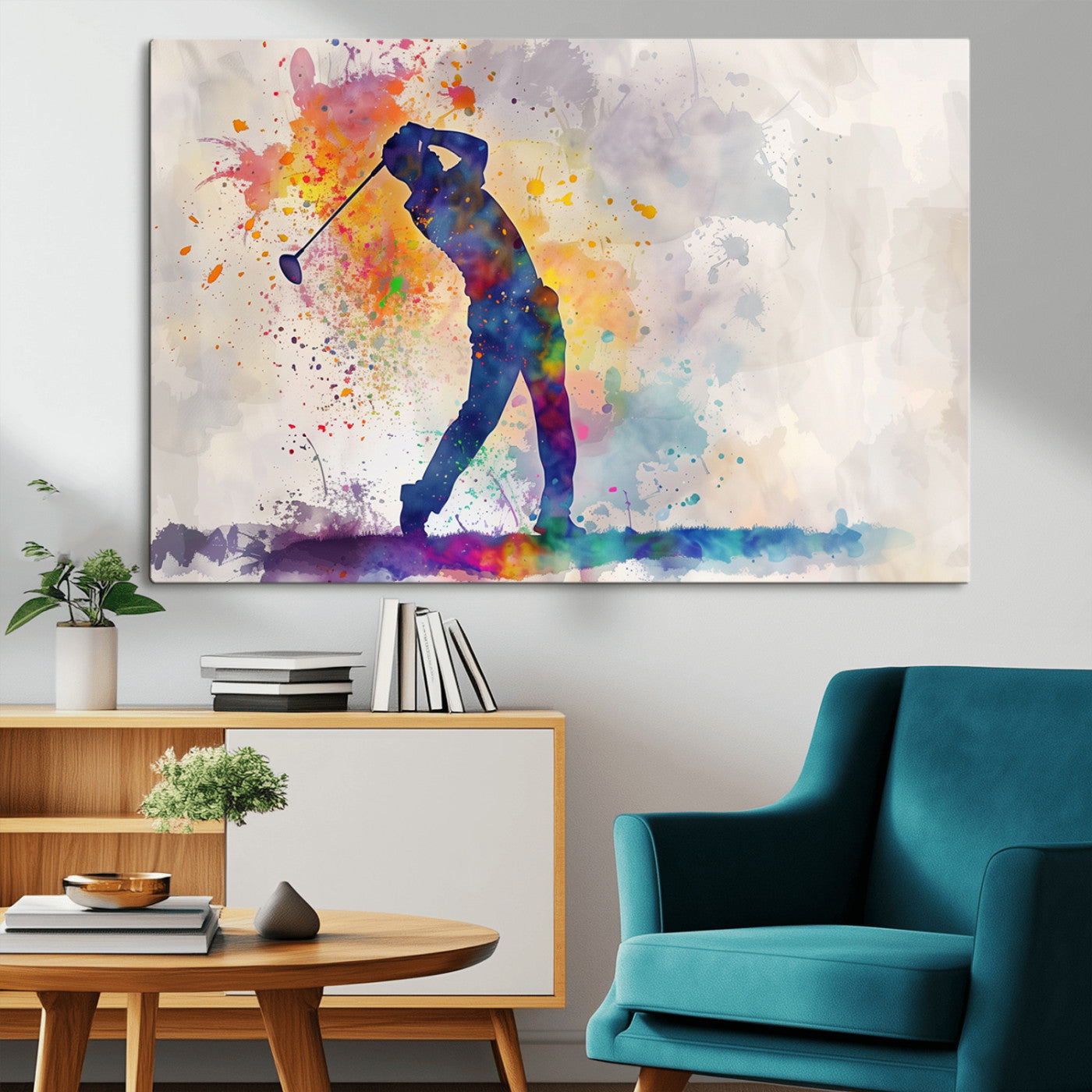 MGV-CV-36X24 - Watercolor Golf Swing Wall Art Canvas Print | Vibrant Abstract Golf Player Silhouette |
