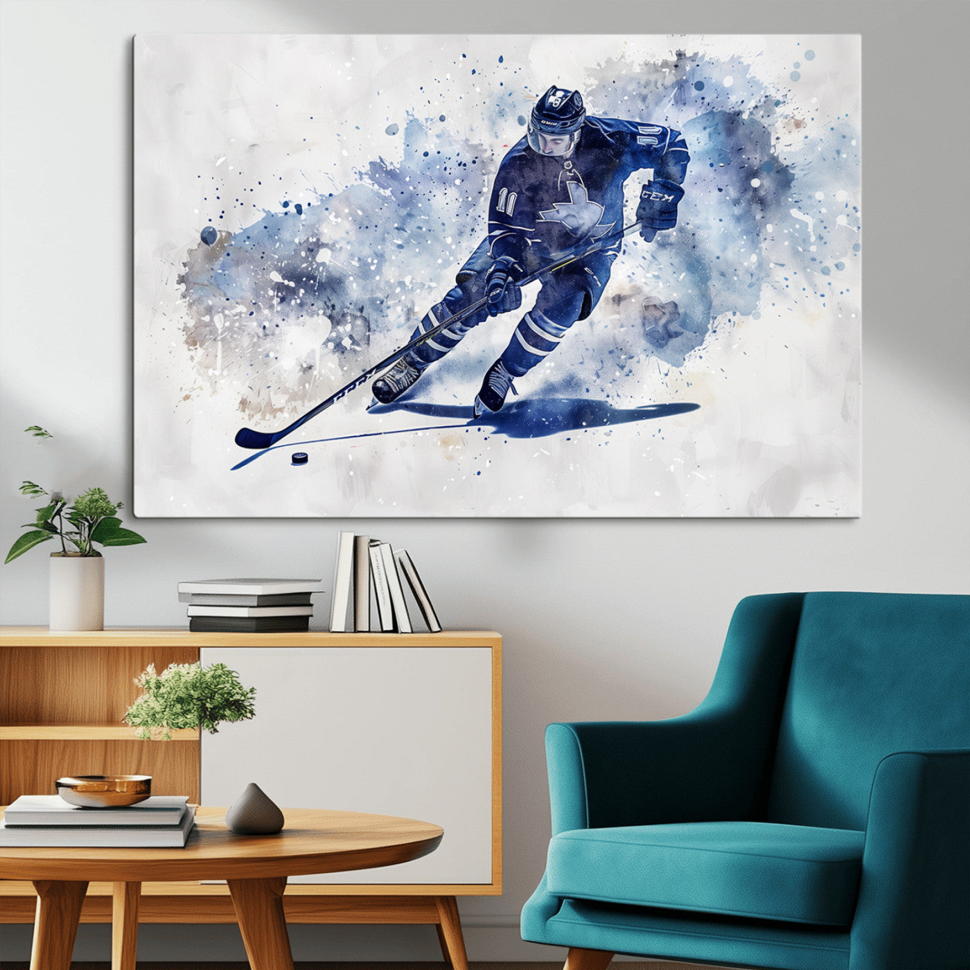 MGV-CV-36X24 - Hockey Player Wall Art Canvas Print - Sports-Inspired Watercolor Decor - Ready to Hang
