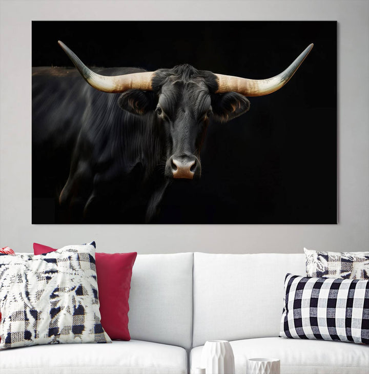 Texas Longhorn Cow | Majestic Black Bull Wall Art Canvas Print - Farmhouse Animal Decor - Ready to Hang