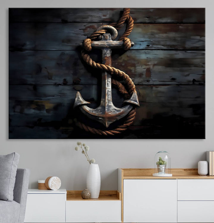 The wooden wall displays a 3 Panel Grunge Abstract Anchor Wall Art Canvas Print Set.