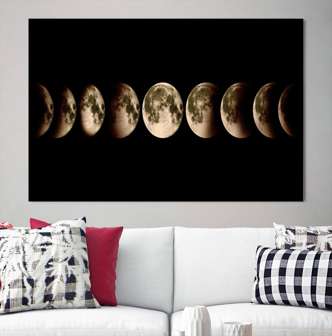 The "Phases of the Moon Wall Art" canvas print elegantly hangs on the wall.