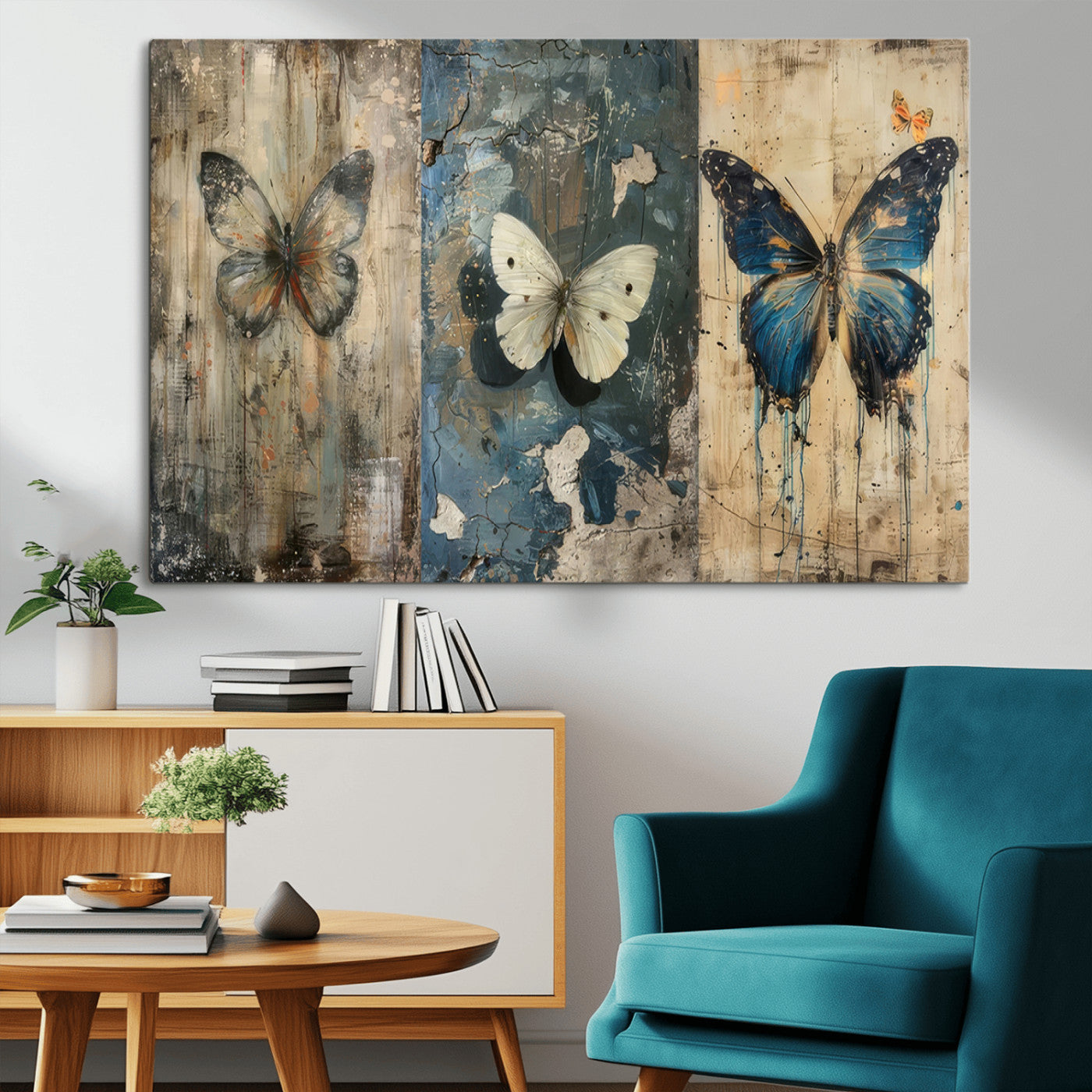 MGV-CV-36X24 - Butterfly Wall Art Trio | Vintage Butterfly Canvas Print | Ready to Hang Framed Artwork for