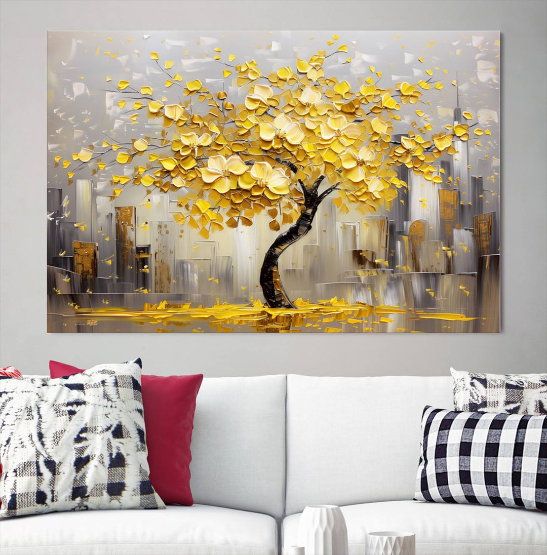 A framed canvas print from the "Golden Tree Canvas Print | Abstract Wall Art for Modern Homes | Ready to Hang Framed Artwork" collection hangs elegantly against the dark wall, epitomizing exquisite abstract wall art.