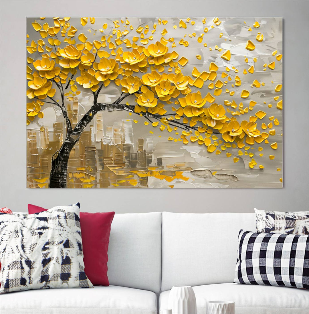 The living room showcases a Yellow Blossom Tree Canvas Wall Art, modern and floral.