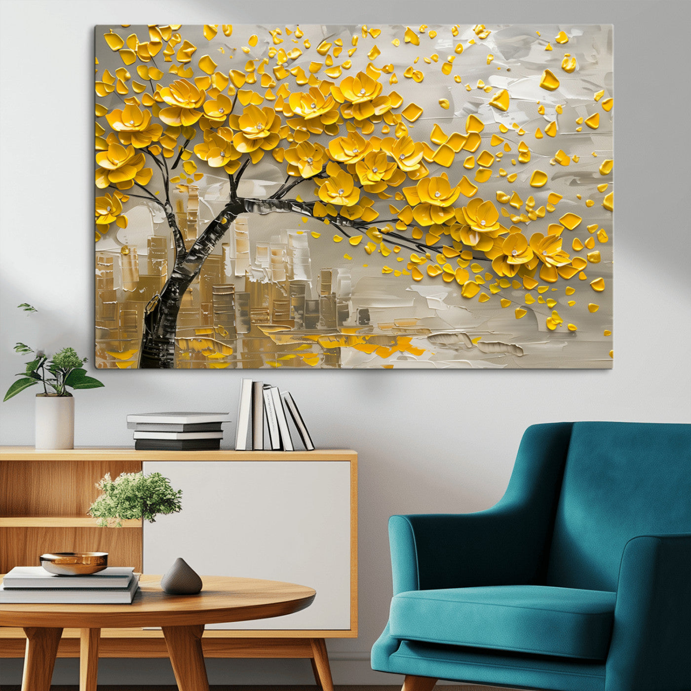 MGV-CV-36X24 - Yellow Blossom Tree Canvas Wall Art - Floral Abstract Modern Contemporary Artwork for Living Room or