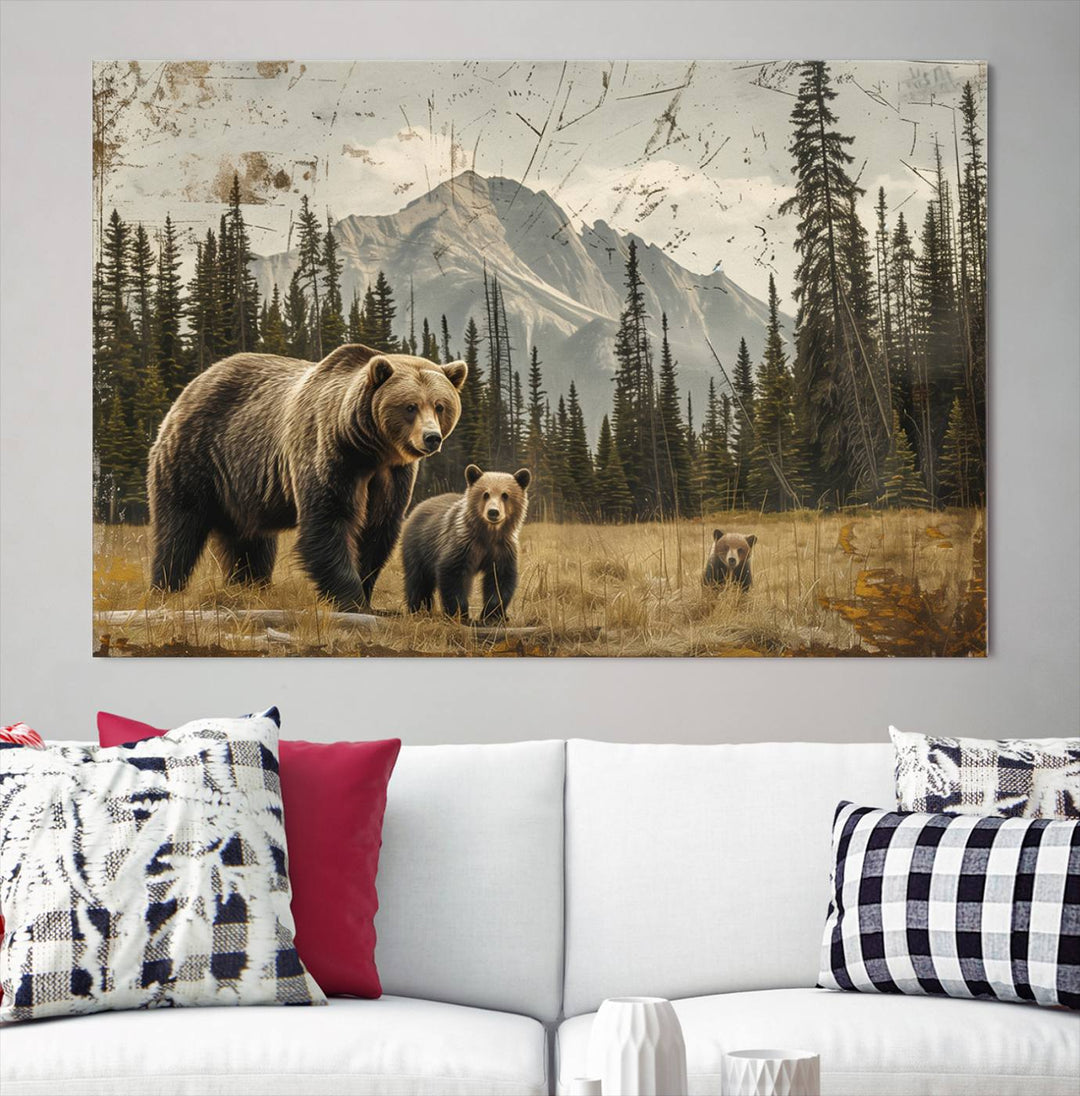 Displaying the Rustic Grizzly 399 Bear Family Wall Art Canvas Print in a modern living space adds remarkable charm. This triptych piece showcases a bear family in the forest, printed on museum-quality canvas and ready to hang, seamlessly enhancing your decor with its striking detail and elegance.