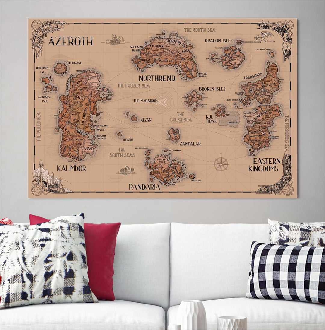 The Vintage Azeroth World Map Canvas Print, a stunning three-piece set, enhances the space with its vintage charm, perfectly complementing your gaming decor.