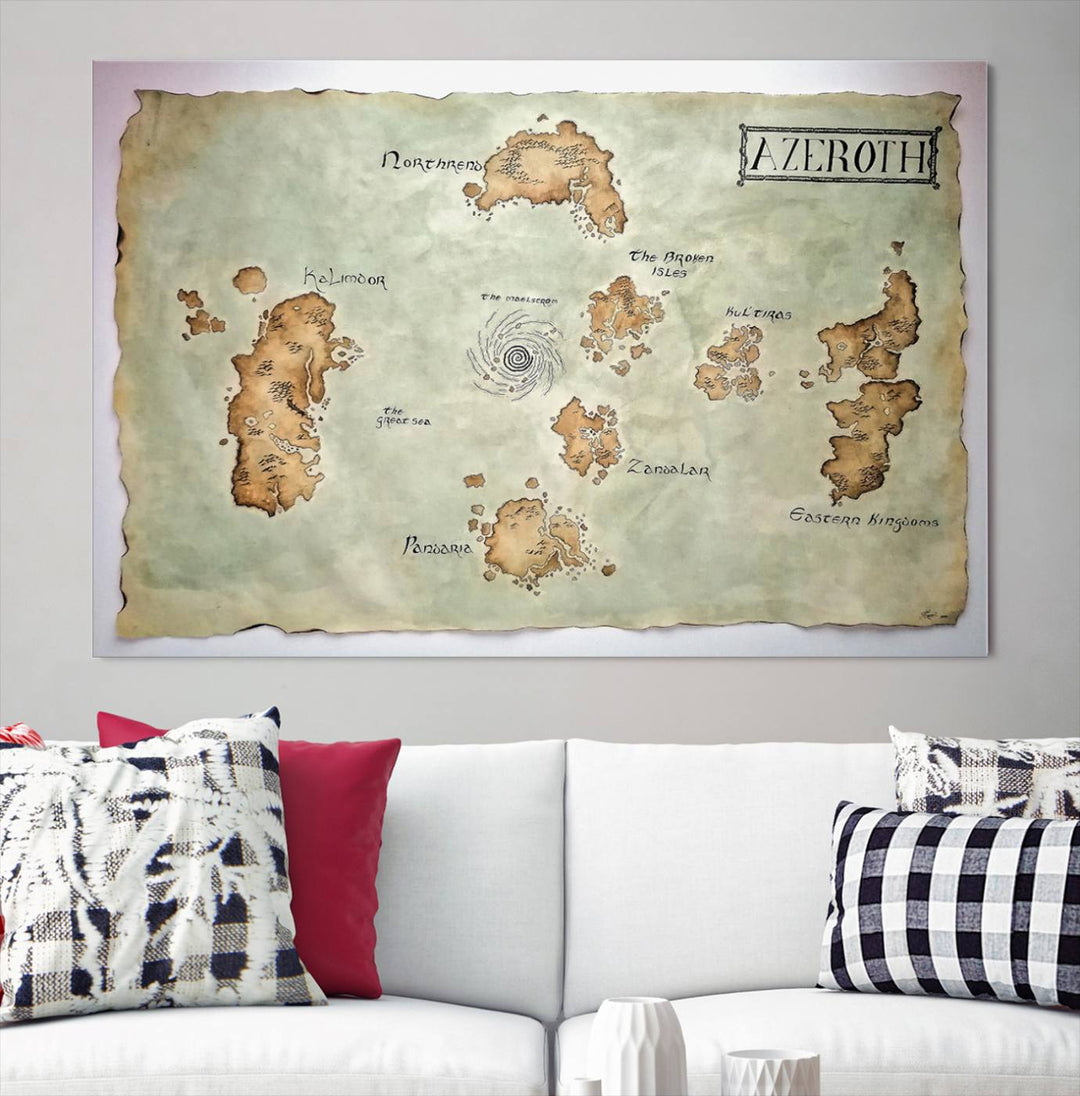 The Azeroth World Map Wall Art Canvas Print, a three-panel vintage piece, brings a cozy fantasy gaming atmosphere to the room.