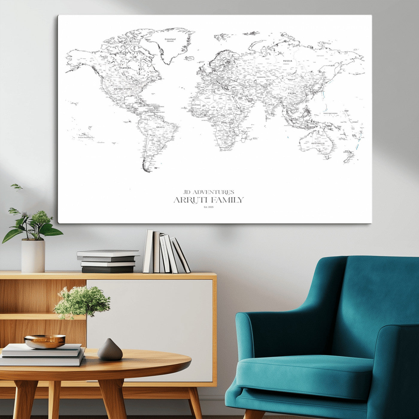 MGV-CV-36X24 - Custom World Map Wall Art – Personalized Framed Canvas Print with Push Pins for Travel Tracking,
