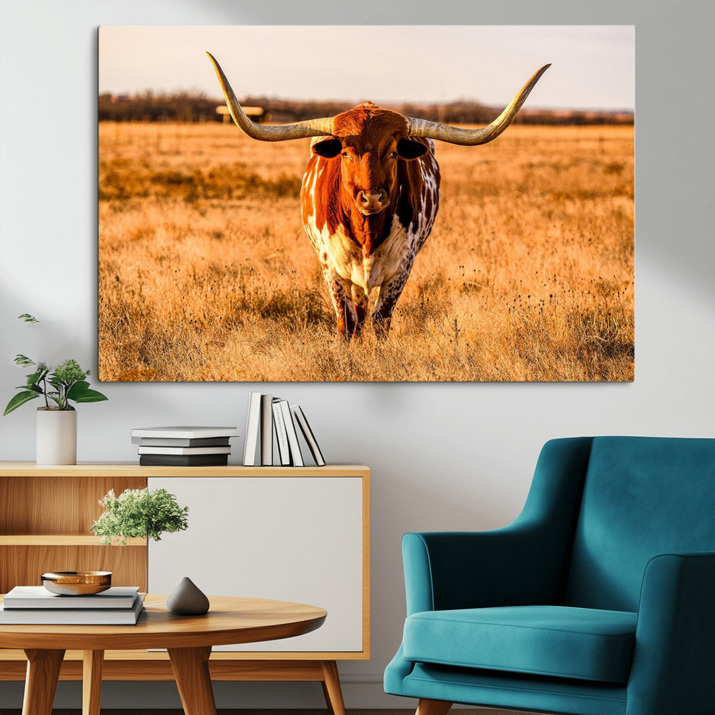 MGV-CV-36X24 - Longhorn Cow Wall Art | Ready to Hang Framed Canvas Print for Farmhouse and Barn Decor