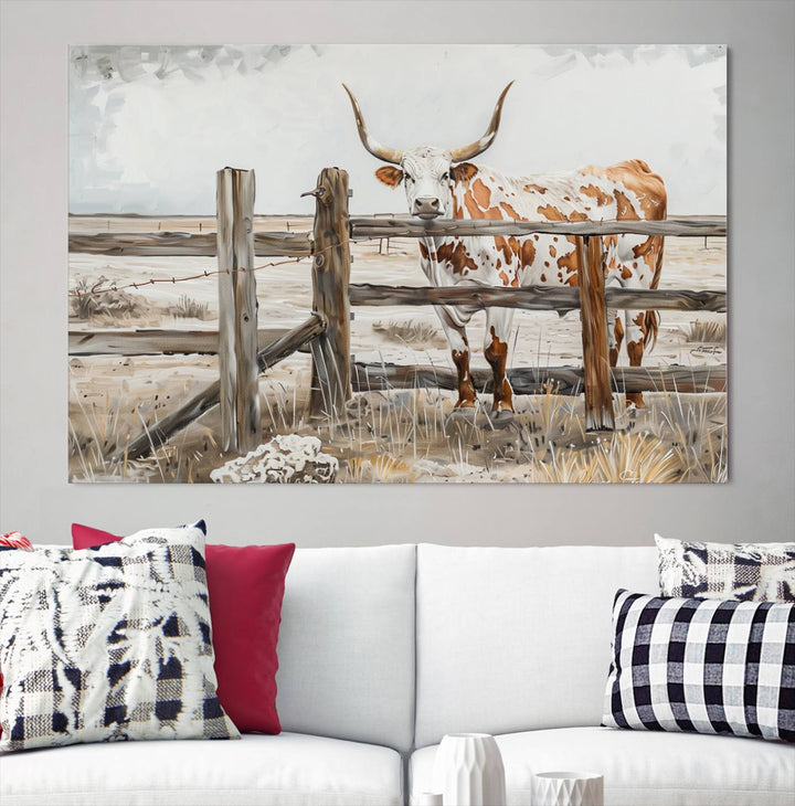 The Abstract Longhorn Cow Wall Art, a ready-to-hang framed canvas print, adds rustic charm and perfectly captures the essence of rural elegance.