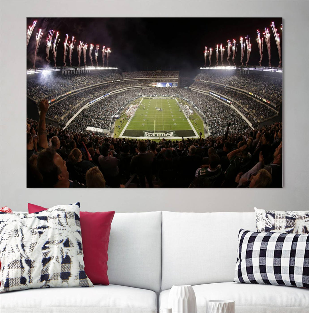 The living room features a spectacular Philadelphia Eagles Football Team Print. This wall art canvas print of Lincoln Financial Field at night captures a Philadelphia Eagles game under the dazzling brilliance of fireworks, making it an eye-catching centerpiece.