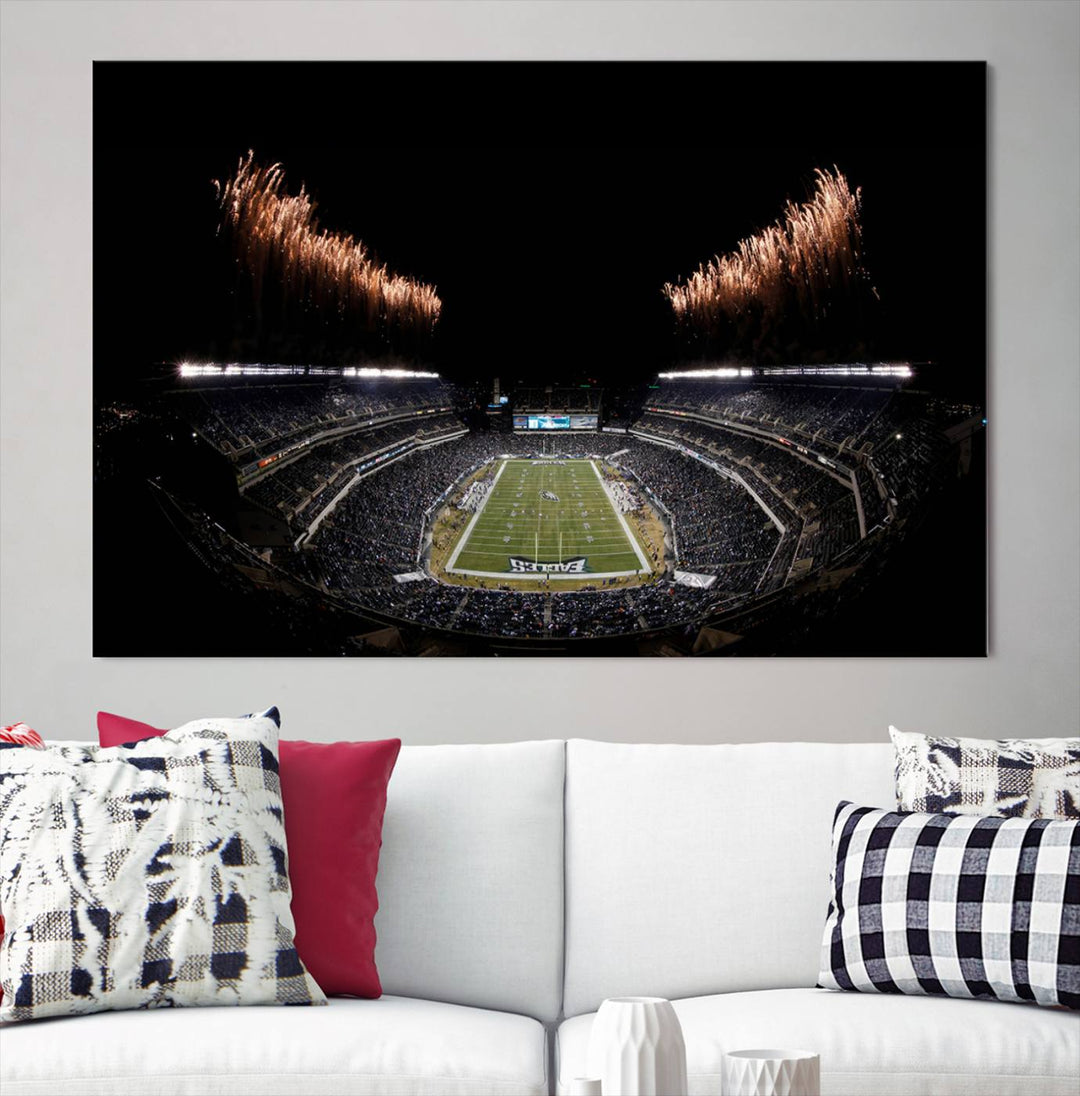 Eagles Stadium Wall Art depicting a nighttime game and fireworks at Lincoln Financial Field.