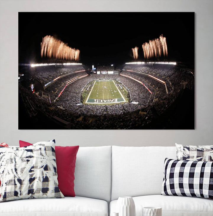 Experience the breathtaking Lincoln Financial Field Fireworks Game captured in this triple canvas wall art. A must-have for any Philadelphia Eagles fan!