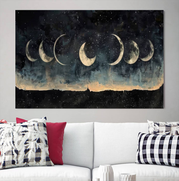 The "Phases of the Moon Wall Art," a framed canvas series capturing the celestial beauty of lunar cycles against a starry night, adds an elegant touch to the contemporary dining room.