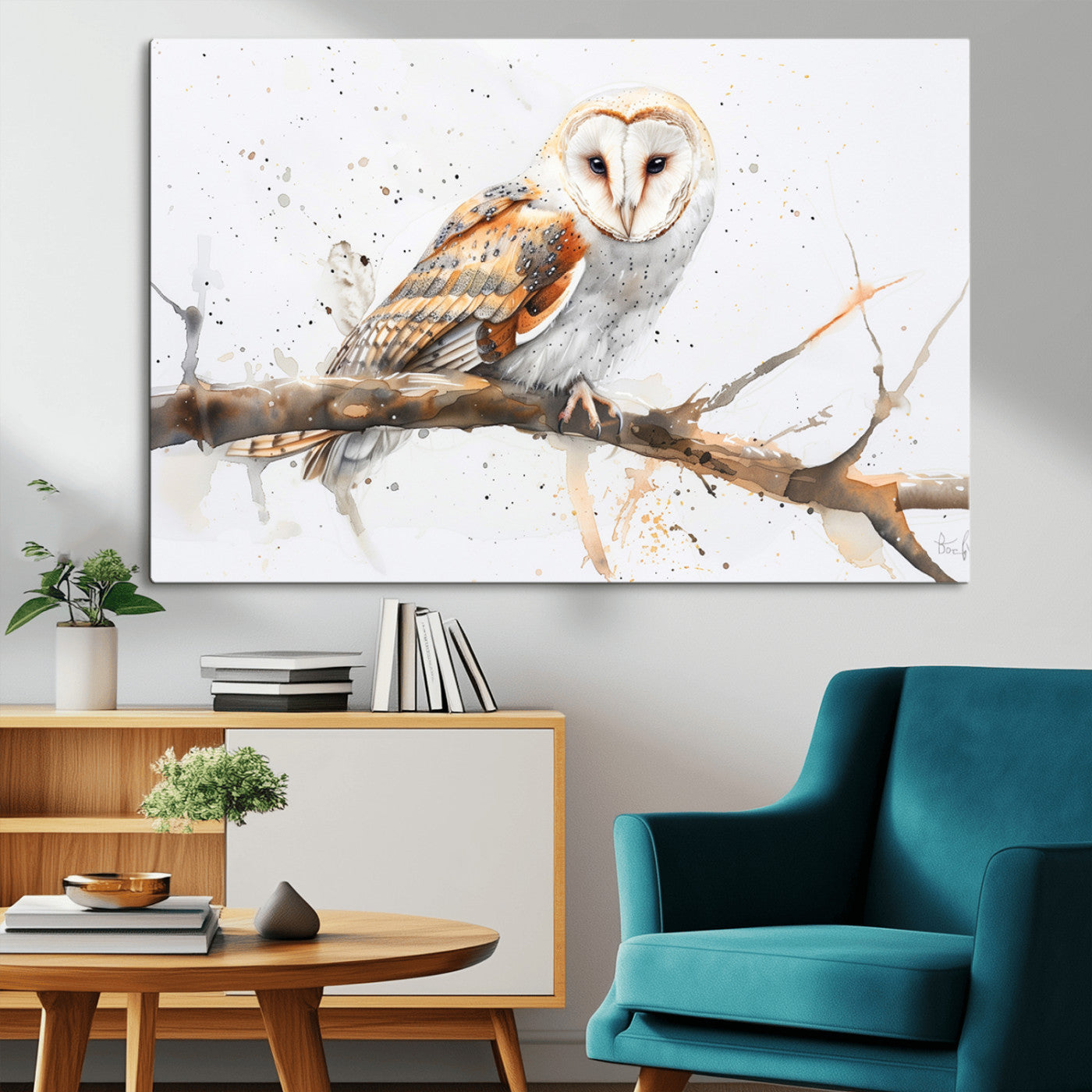 MGV-CV-36X24 - Barn Owl Wall Art on Branch | Stunning Canvas Print for Nature Lovers | Ready to Hang and Framed