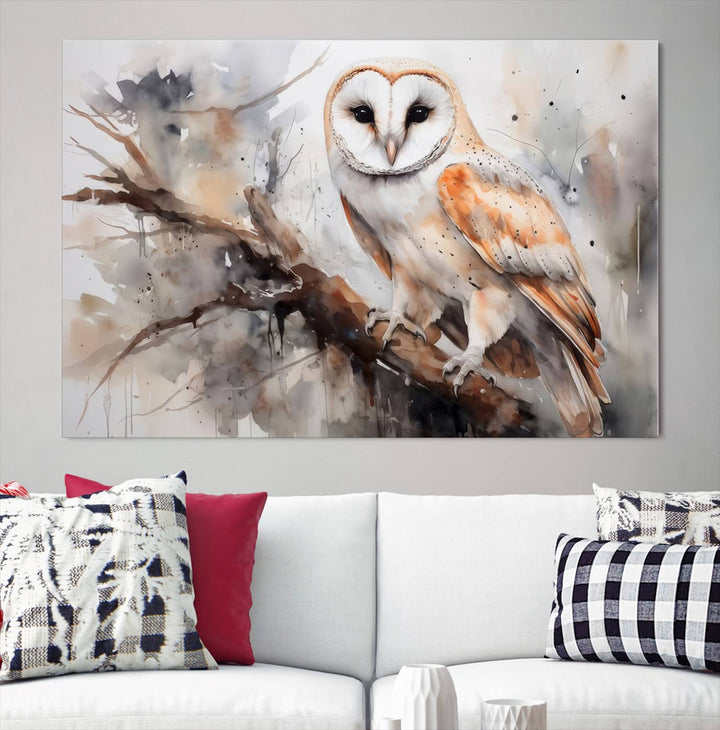 The Barn Owl Wall Art, a watercolor canvas print, elegantly adorns the wall in a modern living room, seamlessly merging farmhouse wall decor with contemporary style.