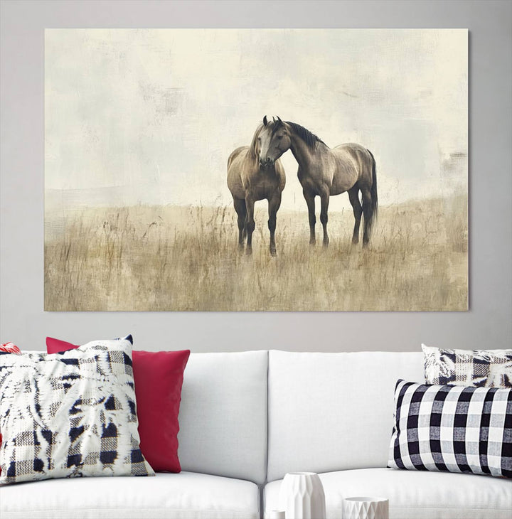 The Chinese Style Grunge Horses Wall Art Canvas Print, featuring a three-panel design of two horses in a misty field, is crafted on museum-quality canvas using high-resolution printing and hangs elegantly.