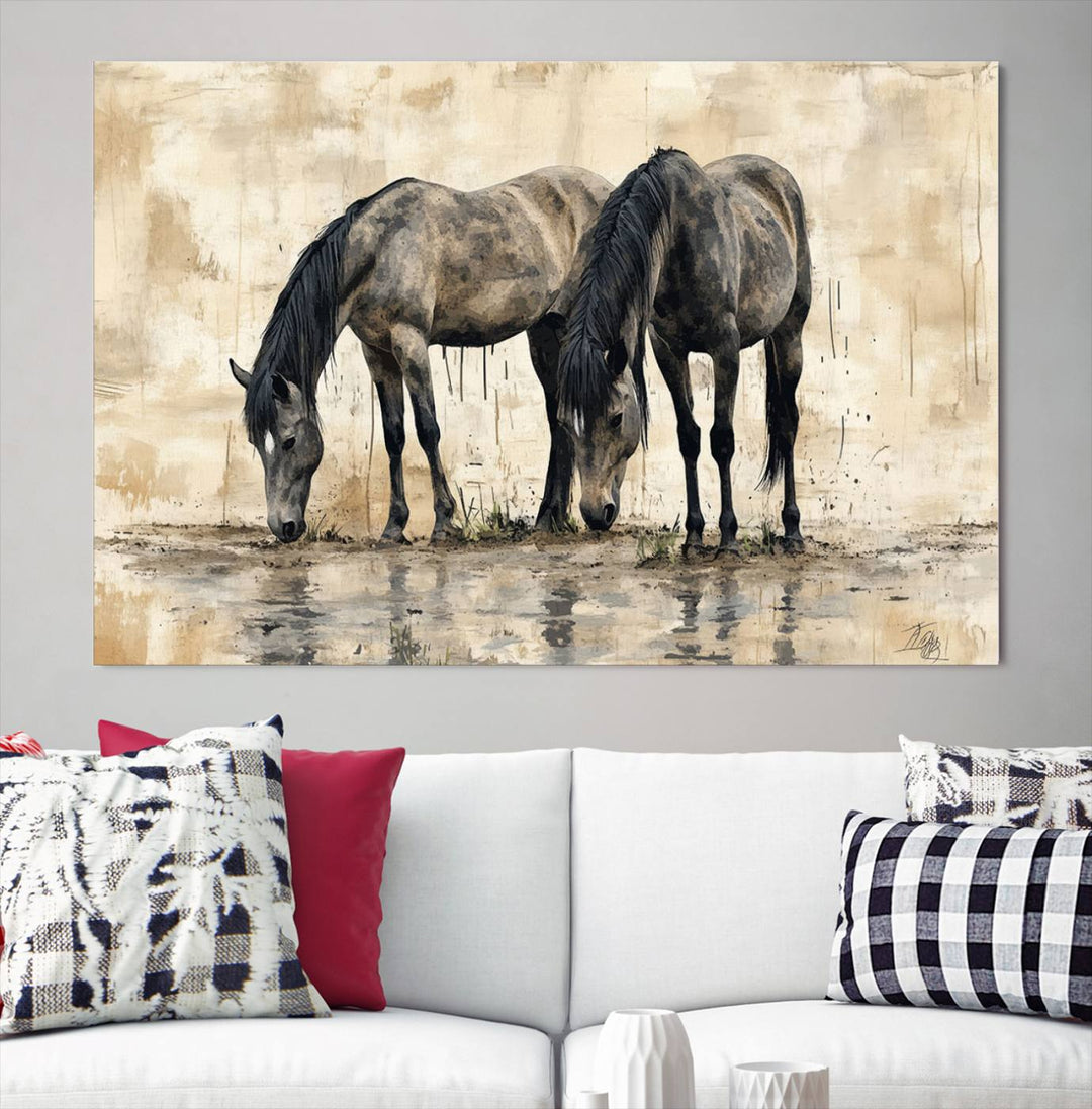 Chines Ink Style Black Horses Wall Art Canvas Print features a triptych painting of two horses drinking at the water's edge.