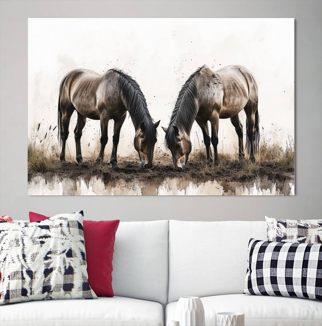 A Chinese Ink Style Horses Wall Art Canvas Print featuring two horses grazing is displayed in a modern setting.