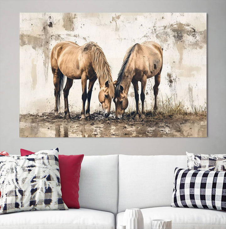 The Vintage Horses Wall Art, a ready-to-hang and framed triptych, beautifully captures two horses gracefully grazing. It perfectly complements the rustic charm of western farmhouse wall decor.