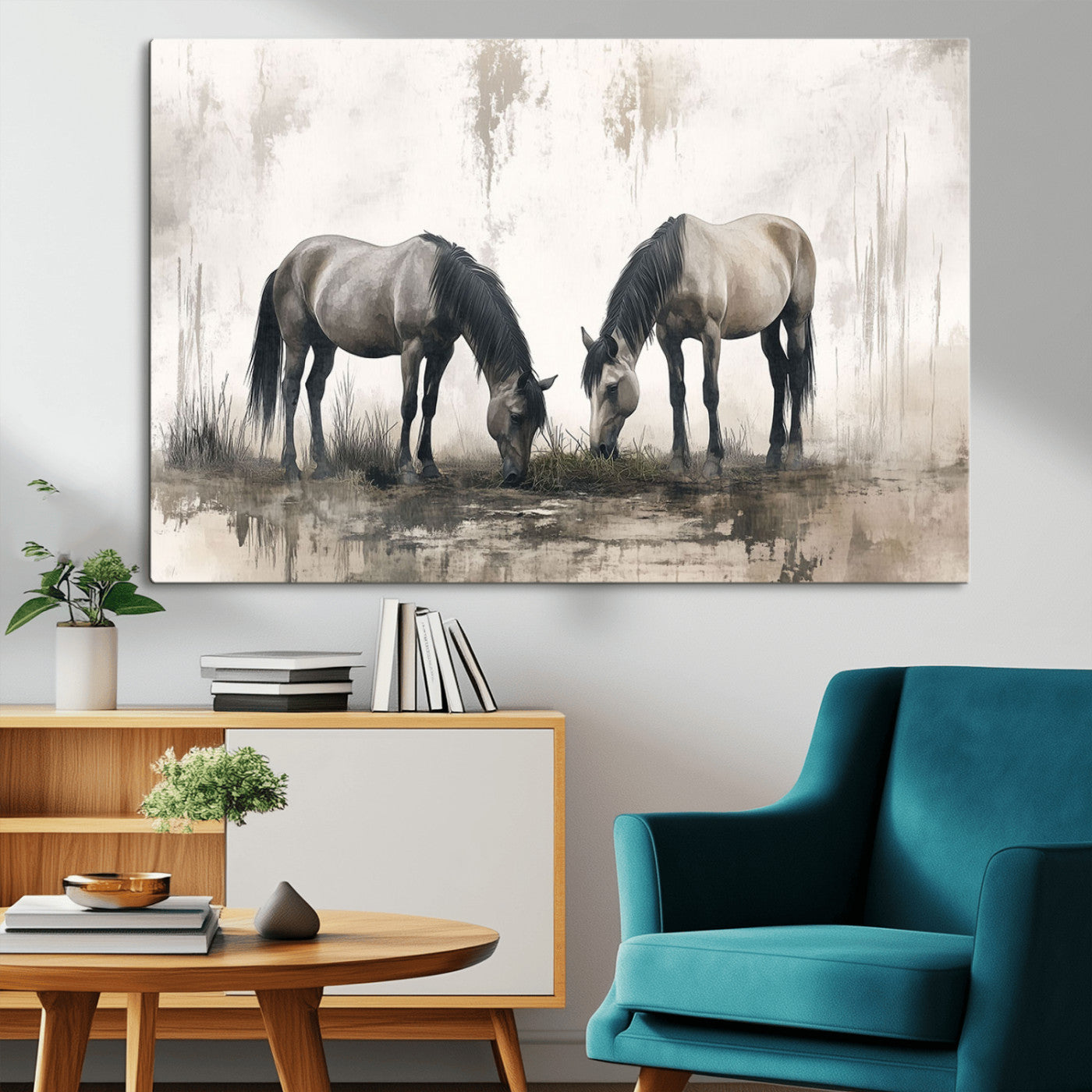 MGV-CV-36X24 - Chines Ink Style Vintage Horses Wall Art Canvas Print for Farmhouse Wall Decor