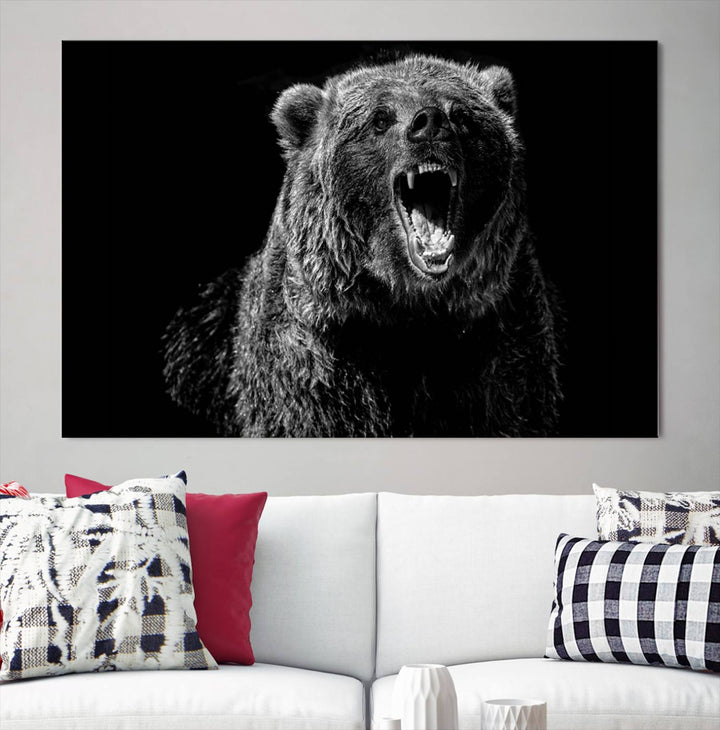 A striking Bear Canvas Print, perfect for cabin decor and ready to hang, is displayed in the modern living room, adding a touch of wildlife art to the sleek design.