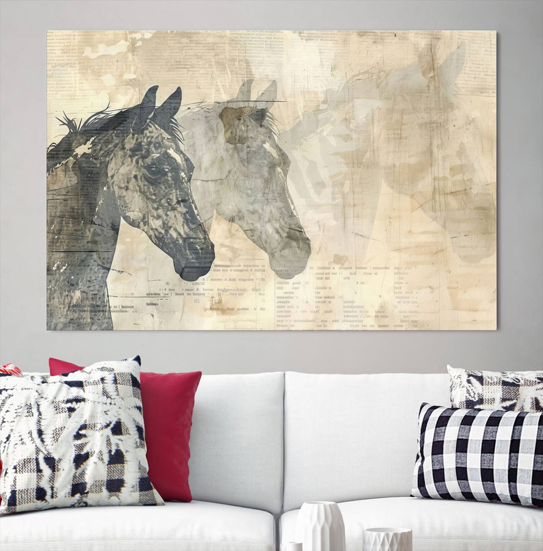 The Abstract Horse Canvas Print, part of the Modern Farmhouse Wall Art collection and ready to hang with its framed design, enhances the decor when displayed as a three-panel set on a dark wall.